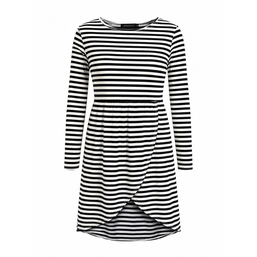 MEROKEETY Striped Wrap Dress Women’s Small Black White Long Sleeve Casual Midi